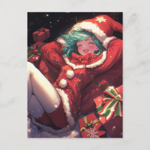 Cute Excited Christmas Santa Gifts Anime Girl Holiday Postcard