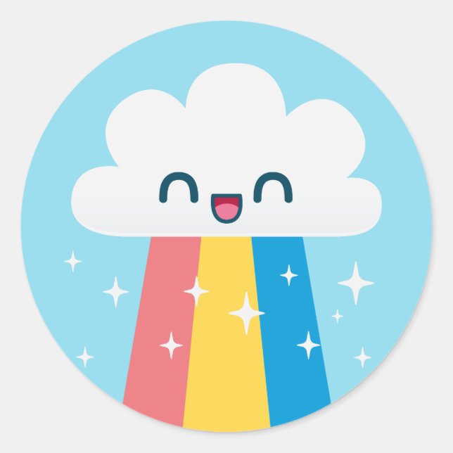 Cute Excited Rainbow Cloud with Sparkles Classic Round Sticker (Front)