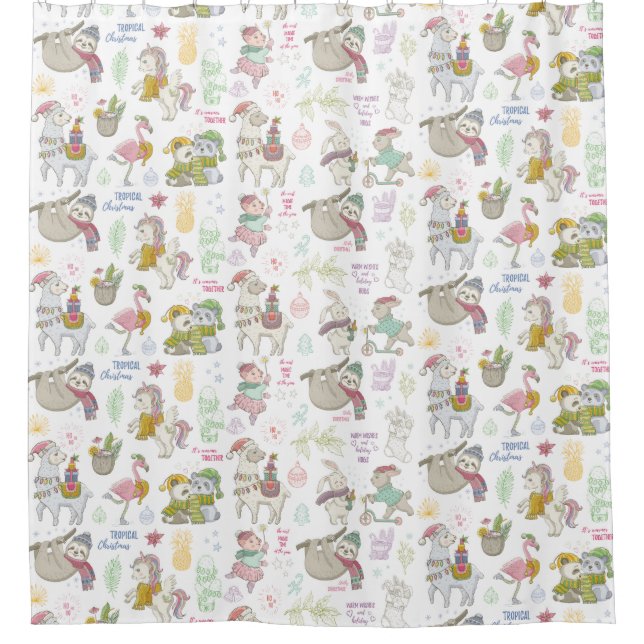 Cute Exotic Christmas Animals Shower Curtain (Front)