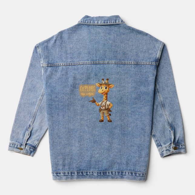 Cute Explorer Giraffe on safari Denim Jacket (Back)