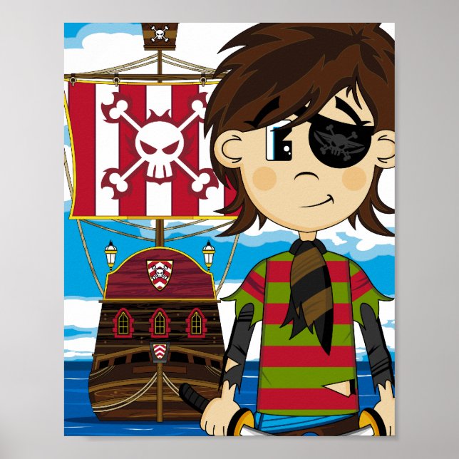 Cute Eyepatch Pirate and Ship Poster Print (Front)
