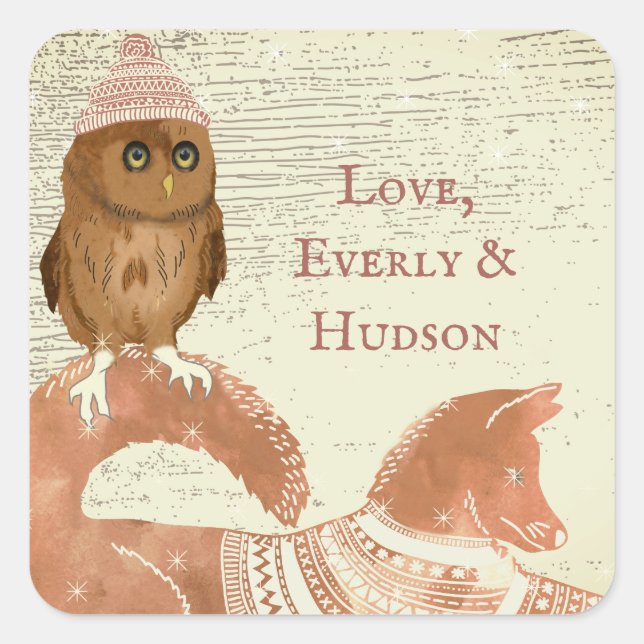 Cute Eyes Owl Fox Hats and Sweaters Barn Wood Square Sticker (Front)