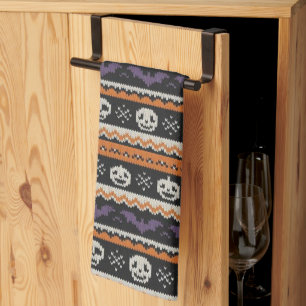 Cute, fair isle/colorwork Halloween skull & bats Tea Towel