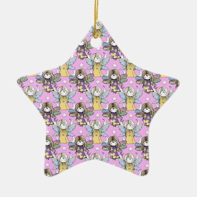 Cute Fairies and Stars and Moons Pattern Ceramic Tree Decoration (Front)