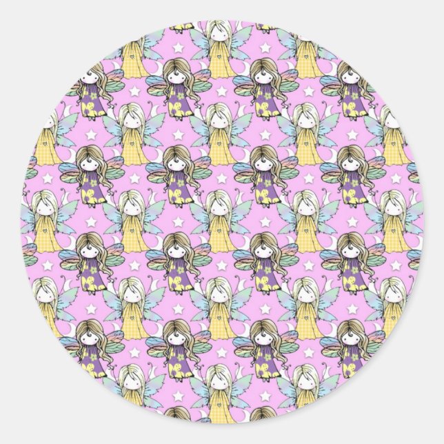 Cute Fairies and Stars and Moons Pattern Classic Round Sticker (Front)