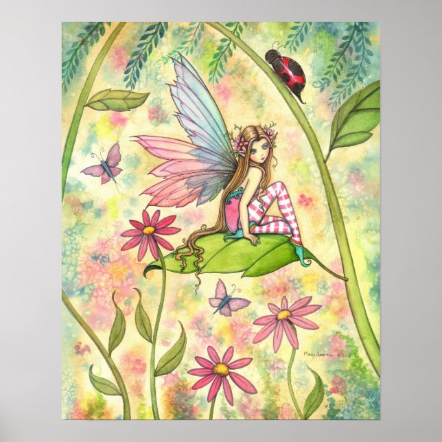 Cute Fairy and Ladybug Fantasy Watercolor Art Poster (Front)