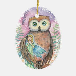 Cute Fairy and Owl Fantasy Art by Molly Harrison Ceramic Tree Decoration