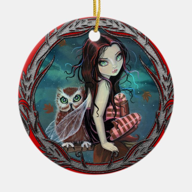 Cute Fairy and Owl Fantasy Art Ceramic Tree Decoration (Front)