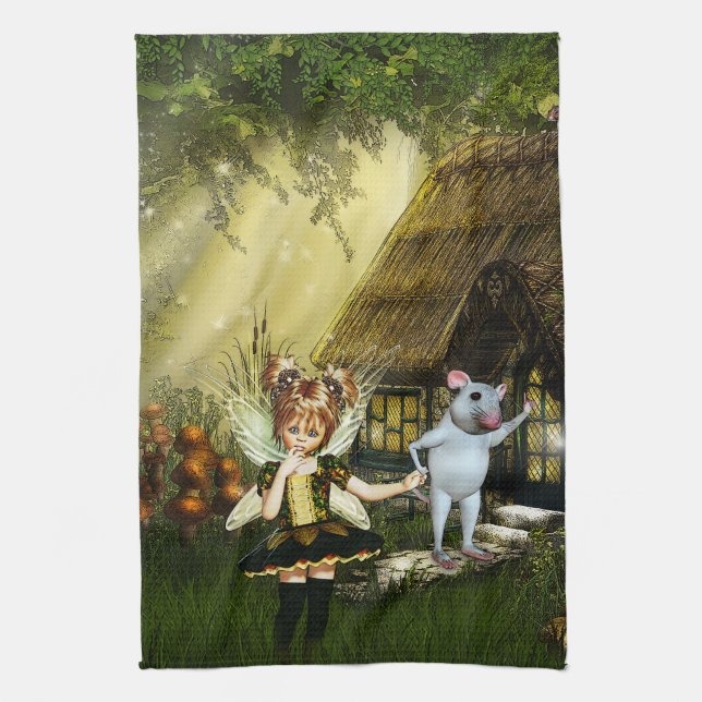 Cute Fairy And White Mouse Tea Towel (Vertical)