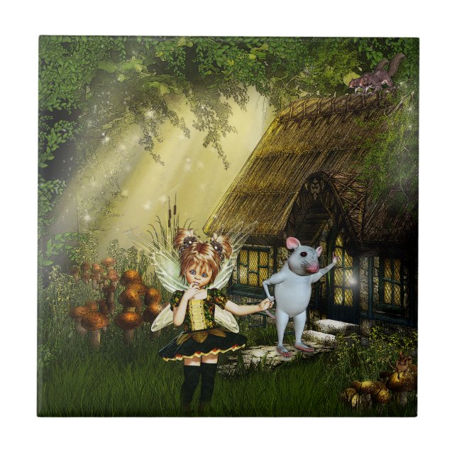 Cute Fairy And White Mouse Tile (Front)