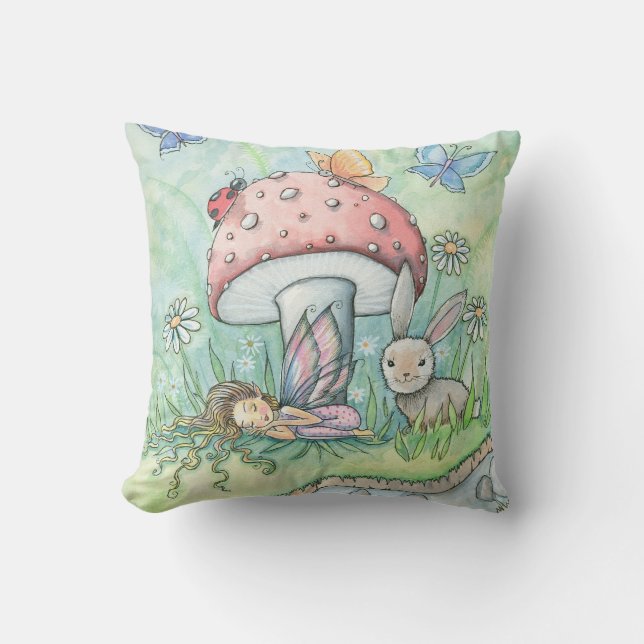 Cute Fairy Bunny and Mushroom Girls Throw Pillow (Front)