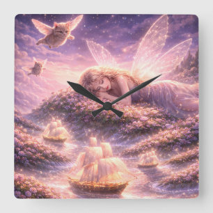 Cute Fairy Cat Dream Fantasy Aesthetic Art Square Wall Clock