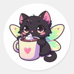 Cute fairy cat drinking hot chocolate classic round sticker