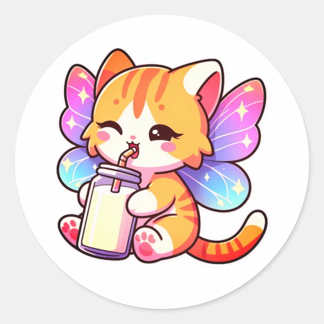 Cute fairy cat drinking milk  classic round sticker (Front)