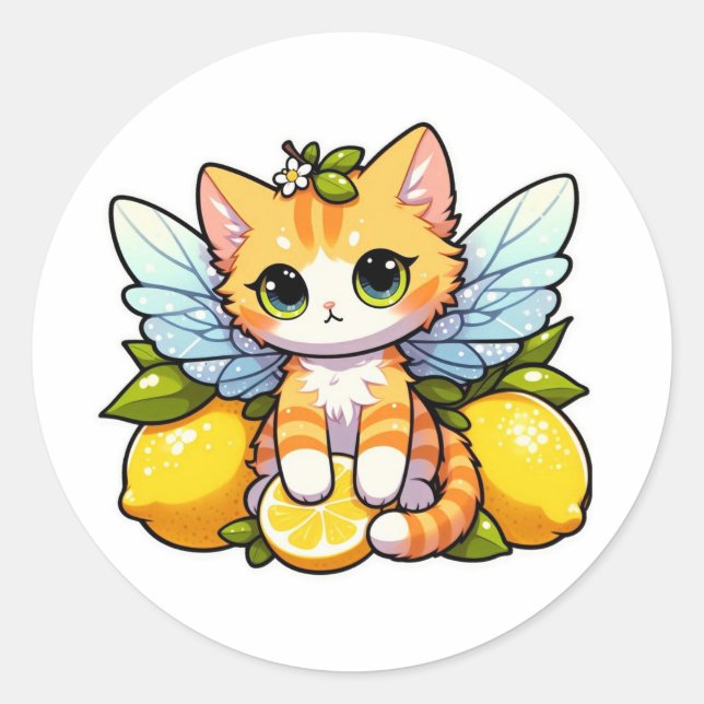 Cute fairy cat with lemons classic round sticker (Front)