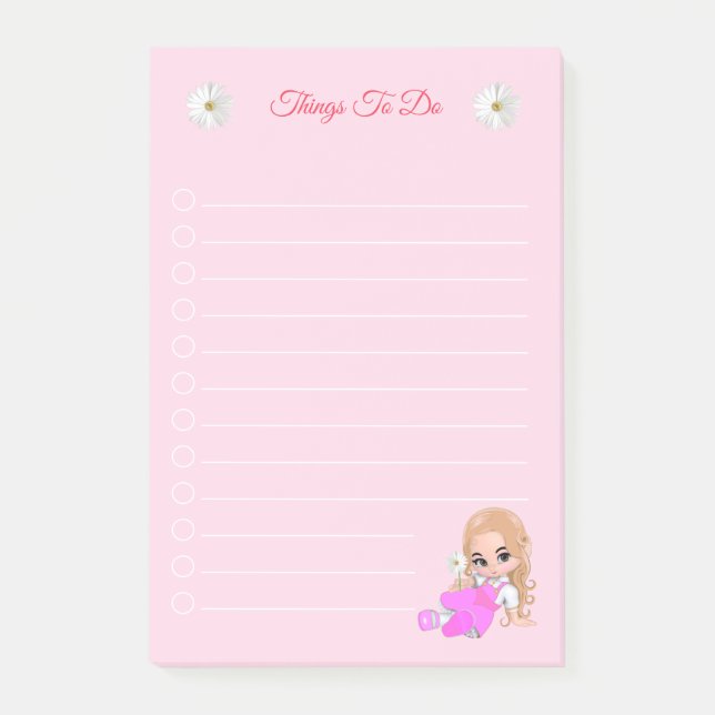 Cute Fairy & Daisy Flowers on Light Pink Post-it Notes (Front)