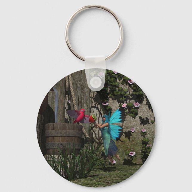 Cute Fairy Feeding a Bird Key Ring (Front)