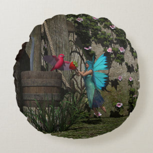 Cute Fairy Feeding a Bird Round Cushion
