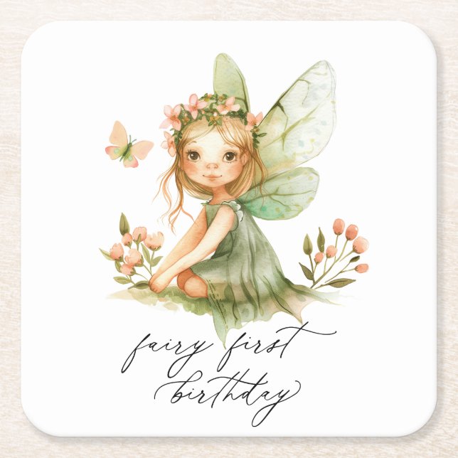 Cute Fairy First Birthday Square Paper Coaster (Front)