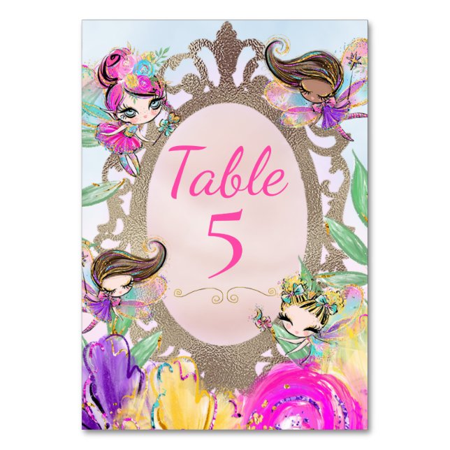 Cute Fairy Garden and Fairies with Magic Mirror Table Number (Front)