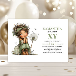 Cute Fairy Girl 5th Birthday Sage Floral Invite