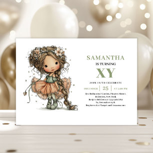 Cute Fairy Girl Birthday Floral Sage Invitation