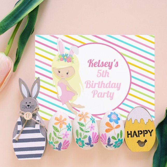 Cute Fairy Girl Easter Pink Striped Birthday Party Invitation (Creator Uploaded)