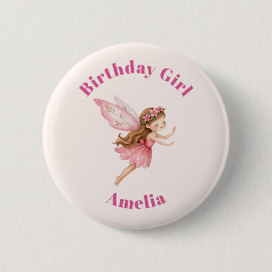 Cute Fairy Girl in a Pink Dress Birthday Girl  6 Cm Round Badge