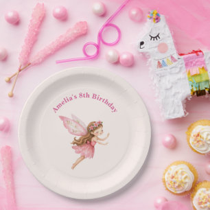 Cute Fairy Girl in a Pink Dress Whimsical Birthday Paper Plate