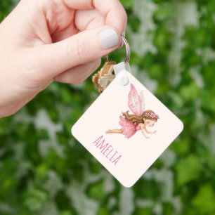 Cute Fairy Girl in a Pink Dress Whimsical Cute Key Ring
