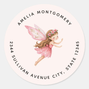 Cute Fairy Girl in Pink Dress Whimsical - Address Classic Round Sticker