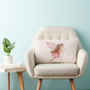 Cute Fairy Girl in Pink Dress Whimsical Lumbar Cushion