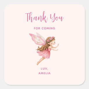 Cute Fairy Girl in Pink Dress Whimsical Thank You  Square Sticker