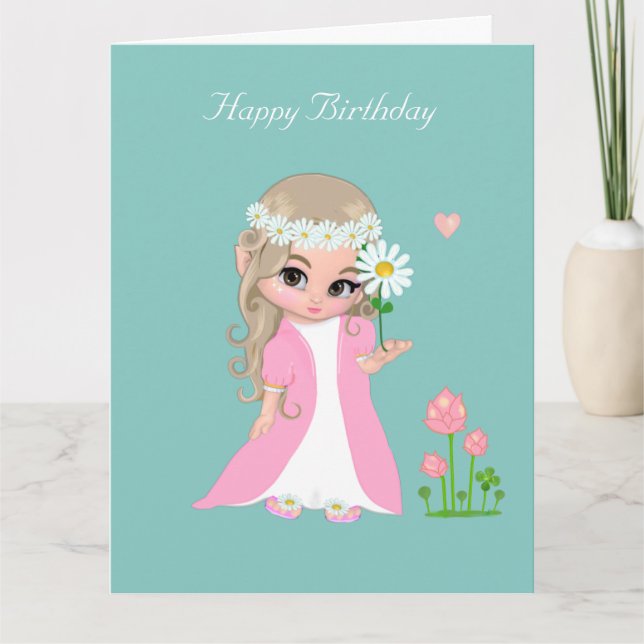 Cute Fairy Girl with Flower on Light Blue Birthday Card (Front)