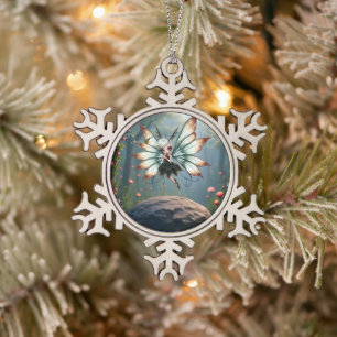 Cute Fairy Guardian in Magical Forest Snowflake Pewter Christmas Ornament