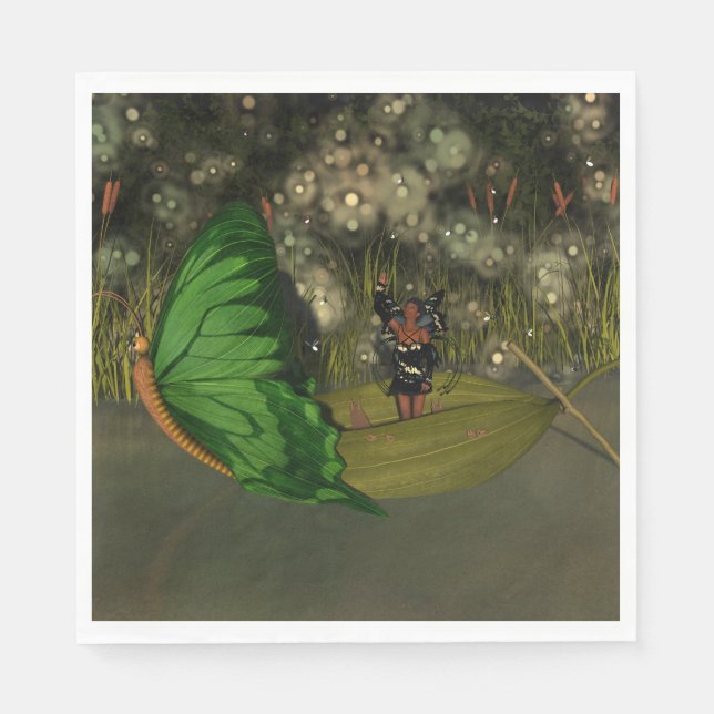 Cute Fairy in Boat with Fireflies Napkin (Front)