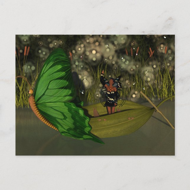 Cute Fairy in Boat with Fireflies Postcard (Front)