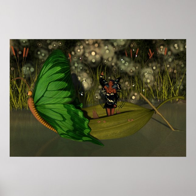 Cute Fairy in Boat with Fireflies Poster (Front)