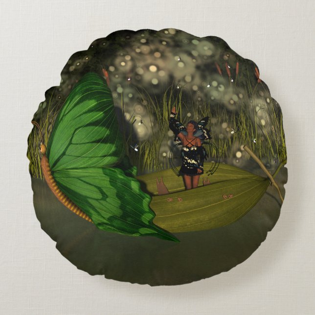 Cute Fairy in Boat with Fireflies Round Cushion (Front)