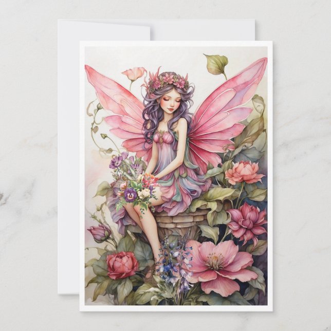 Cute Fairy in Pink Meadow of Flowers Invitation (Front)