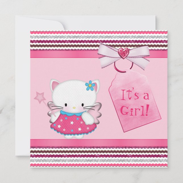 Cute Fairy Kitty Cat Pink Baby Shower Invitation (Front)