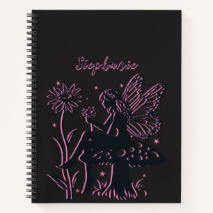 Cute Fairy Mushroom and Flower Black & Pink Notebook