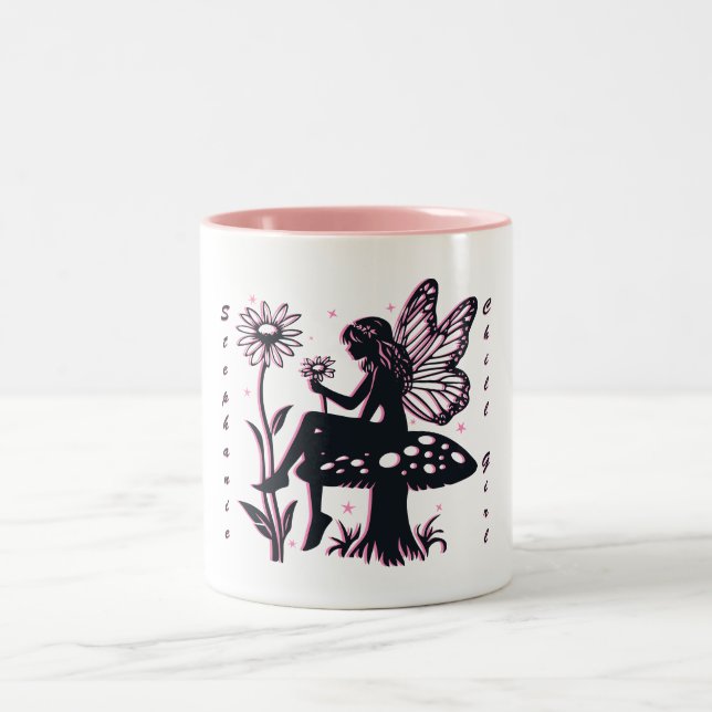 Cute Fairy Mushroom and Flower Chill Girl Two-Tone Coffee Mug (Center)