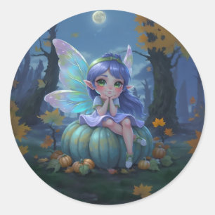 Cute Fairy on a Blue Pumpkin Classic Round Sticker