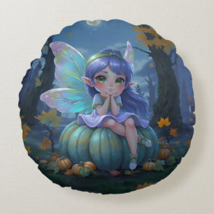 Cute Fairy on a Blue Pumpkin Round Cushion