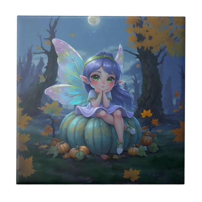 Cute Fairy on a Blue Pumpkin Tile (Front)