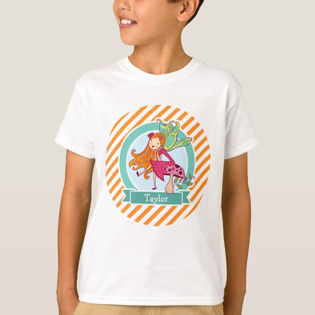 Cute Fairy on Mushroom; Orange & White Stripes T-Shirt (Front)