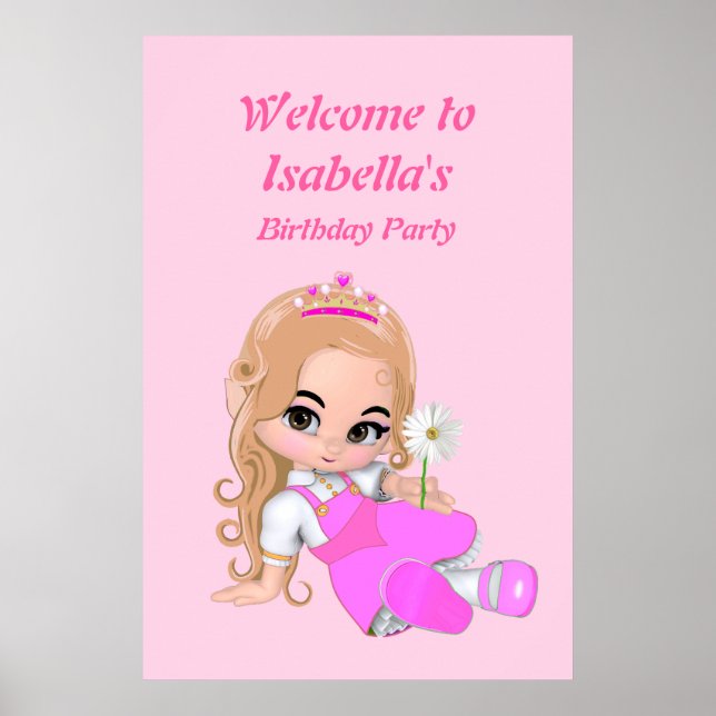 Cute Fairy Princess Pink Girls Birthday Party Poster (Front)