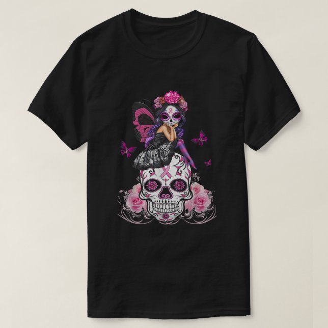 Cute Fairy Sugar Skull Breast Cancer Butterfly Pin T-Shirt (Design Front)