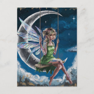 Cute Fairy Swinging in Front of the Moon Postcard